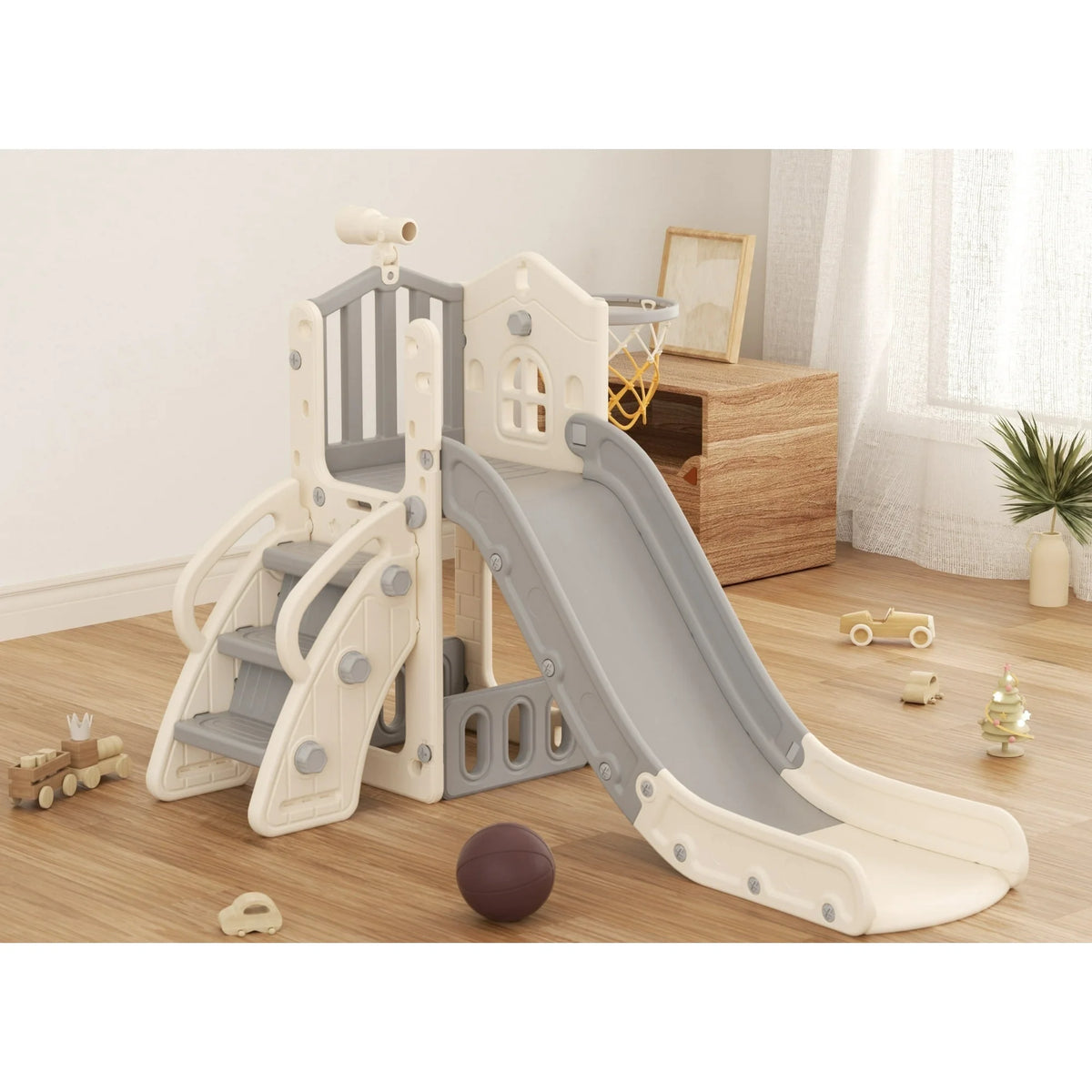 KORIMEFA 6-in-1 Toddler Slide for Age 1-3, L-Shaped Kids Slide with Basketball Hoop and Telescope, Outdoor and Indoor Playground Climber Playset Toys, Blue Gray