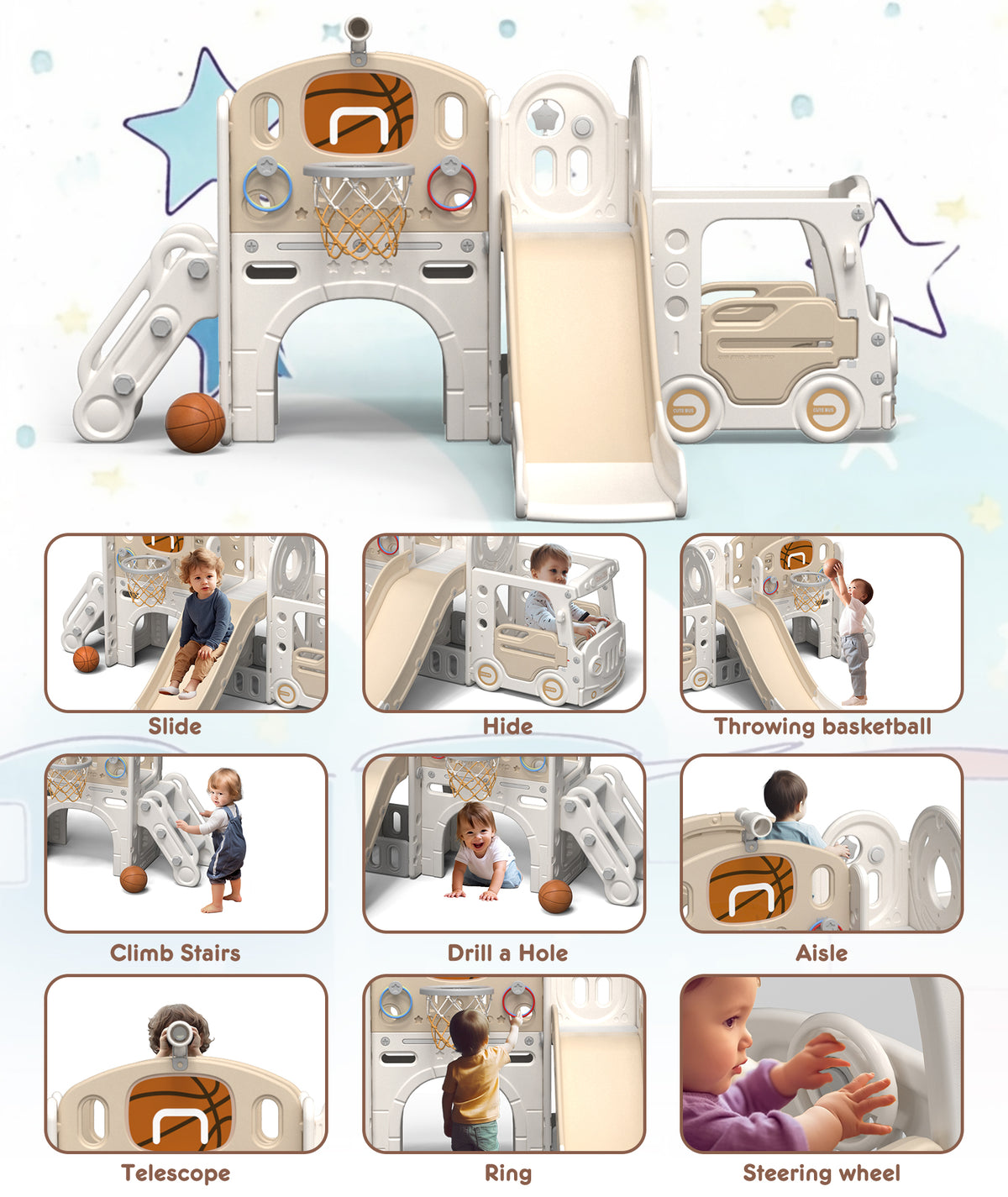XJD 10-in-1 Toddler Slide Set Freestanding Climber Playset with Basketball Hoop and Ball Versatile Playset for Kids, Beige Coffee