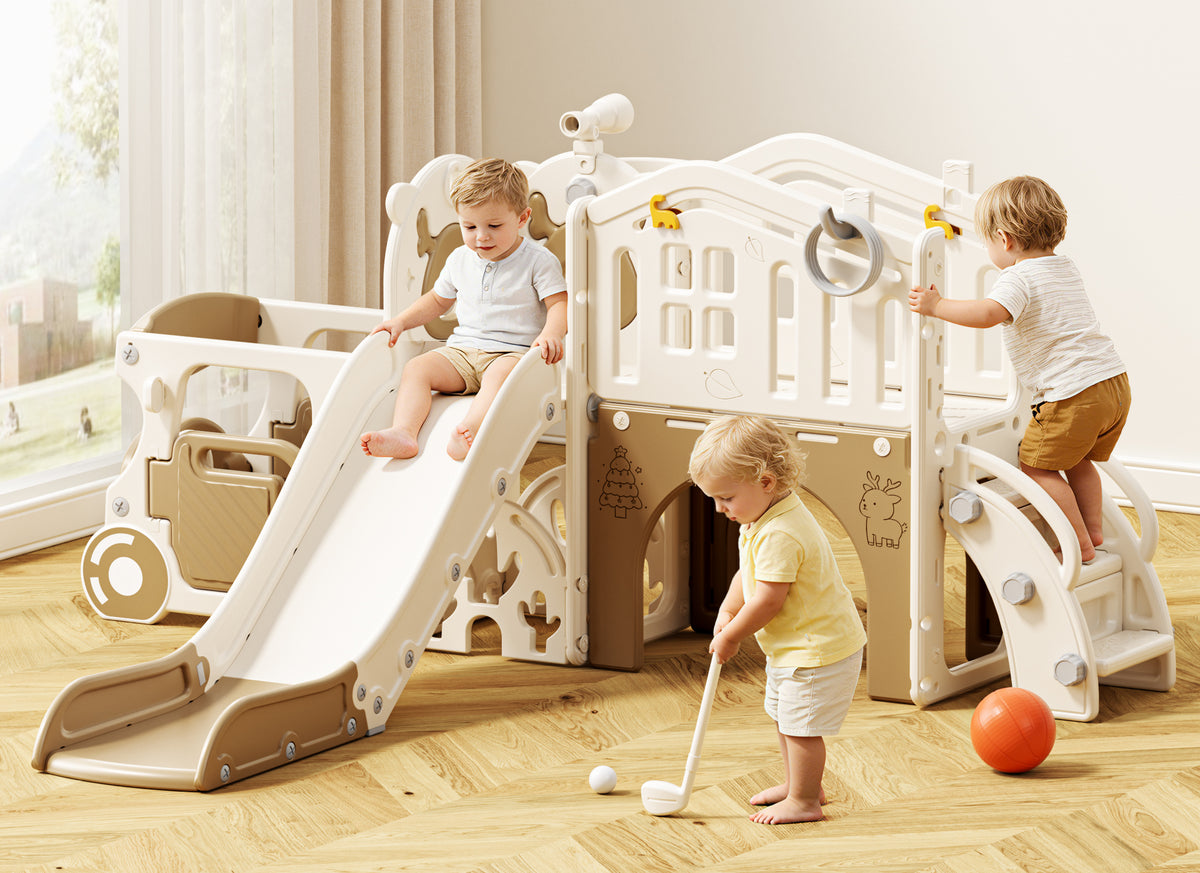 KORIMEFA 9-IN-1 Toddler Slide Set for kids Age 1-5, Bus-Themed Climber Indoor Outdoor Playset with Slide, Golf, Basketball Hoop, Climber, Wheel