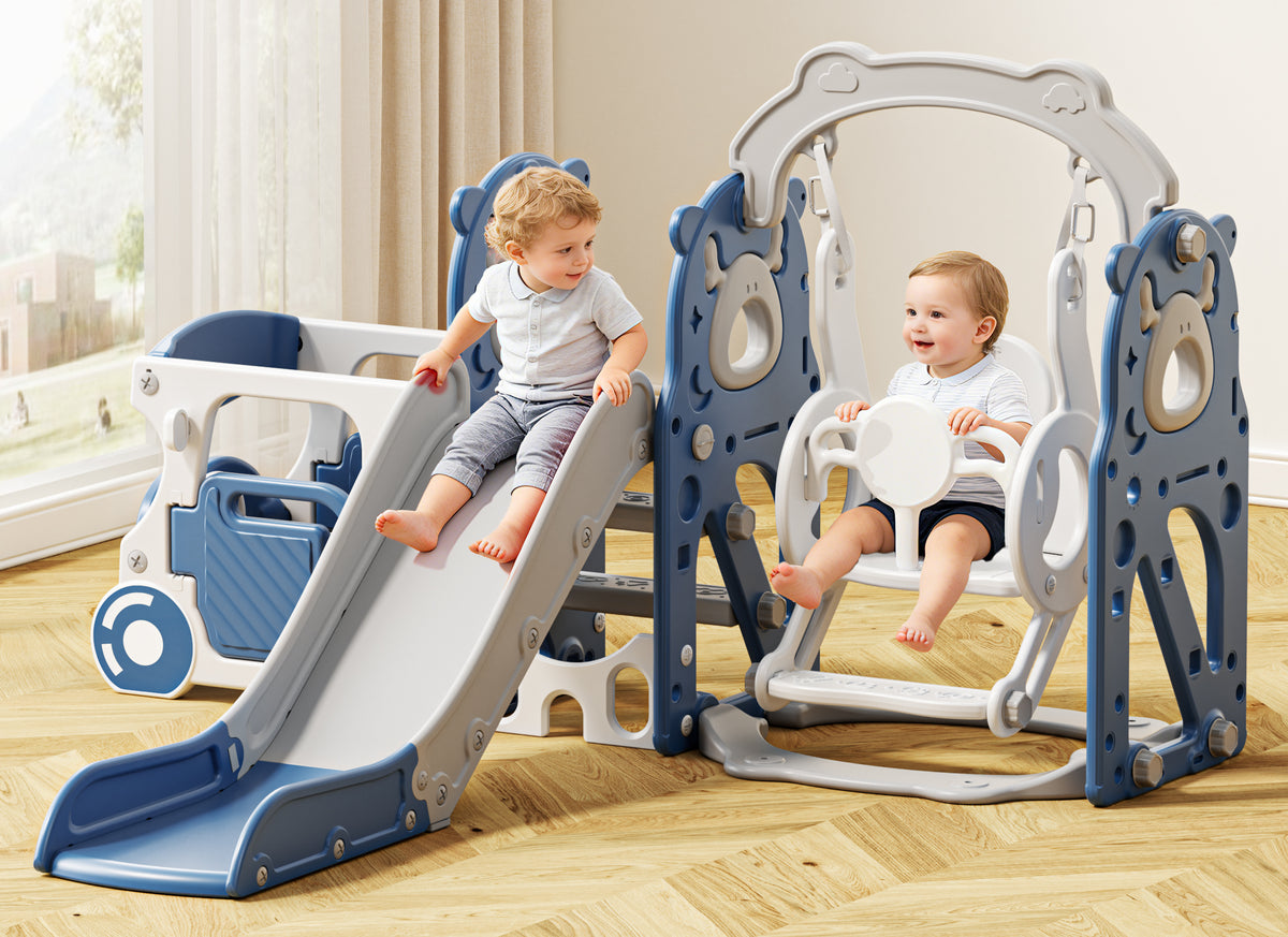 KORIMEFA 8-IN-1 Toddler Slide and Swing Set, Indoor Outdoor Playset for Kids Age 1-5, Bus-Themed Climber Slide, Swing, Wheel