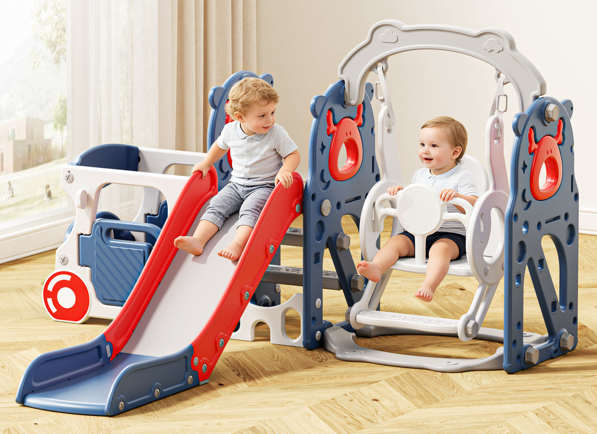 KORIMEFA 8-IN-1 Toddler Slide and Swing Set, Indoor Outdoor Playset for Kids Age 1-5, Bus-Themed Climber Slide, Swing, Wheel