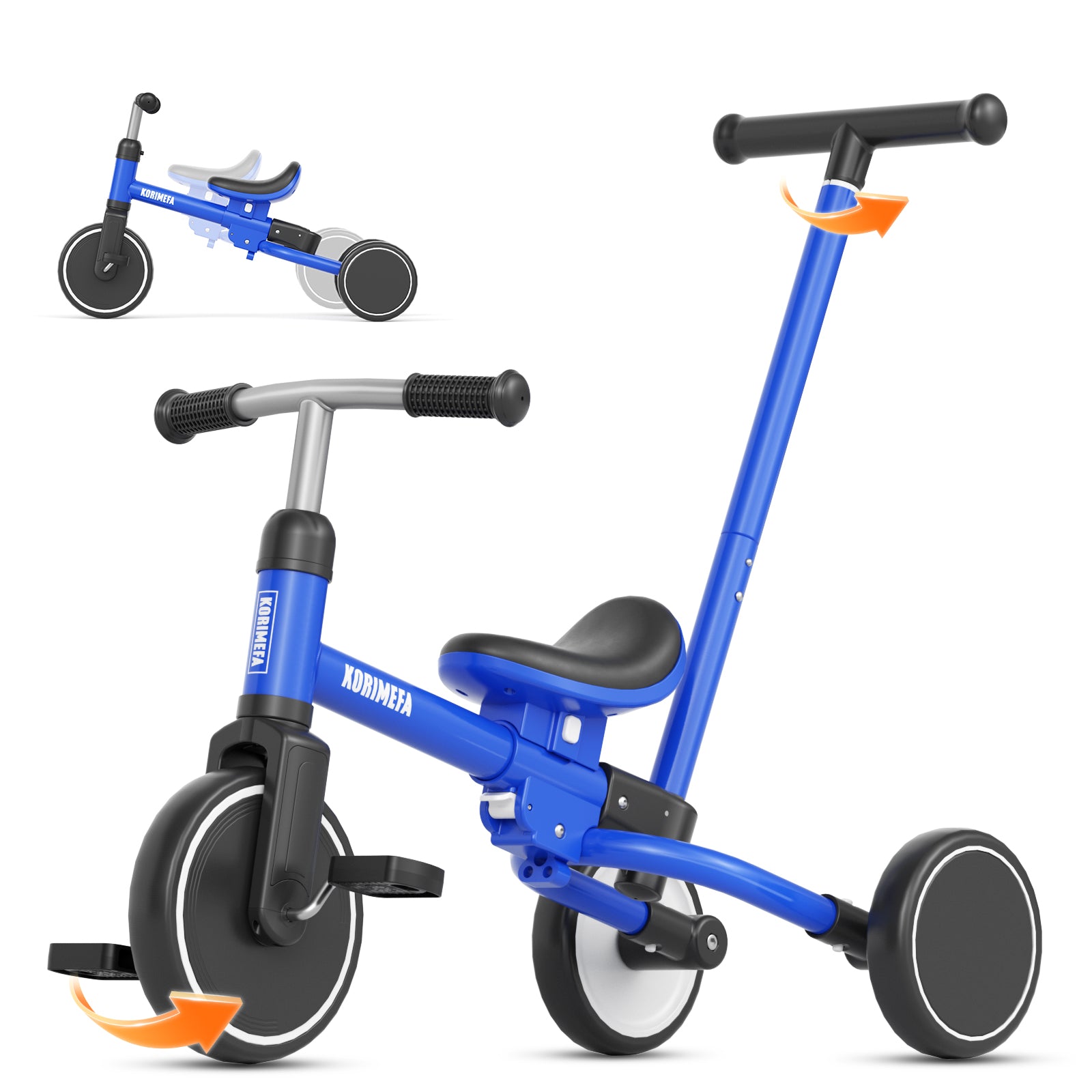 KORIMEFA 5 in 1 Toddler Push Trike & Balance Bike for 2 3 4 Year Olds, Ride-On Kids Tricycle with Adjustable Seat, Outdoor Indoor Birthday Gift for Boys Girls, Blue
