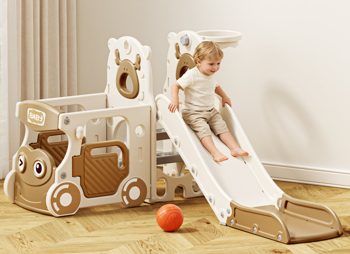 KORIMEFA 6-IN-1 Toddler Slide Set for kids Age 1-4, Bus-Themed Climber Indoor Outdoor Playset with Slide, Basketball Hoop, Climber, Wheel