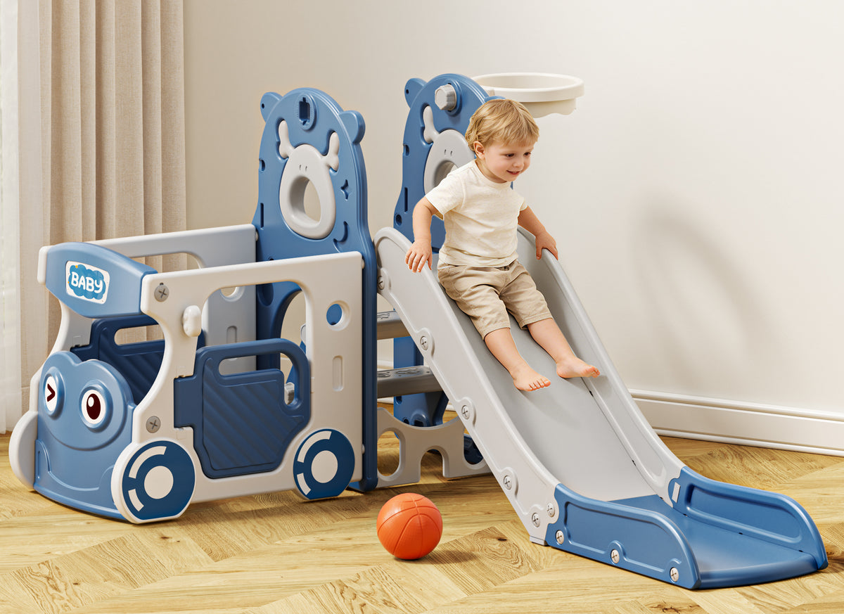 KORIMEFA 6-IN-1 Toddler Slide Set for kids Age 1-4, Bus-Themed Climber Indoor Outdoor Playset with Slide, Basketball Hoop, Climber, Wheel