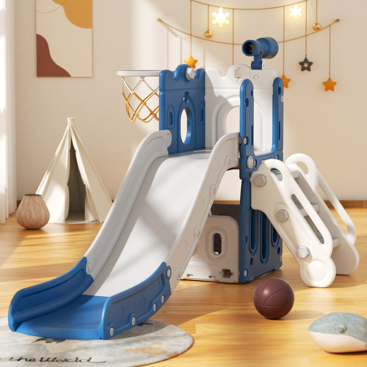 Pre-sale, XJD 5-in-1 Toddler Slide Set in Blue Freestanding Climber Playset for Ages 1-3, Outdoor/Indoor Playset with Basketball Hoop and Ball