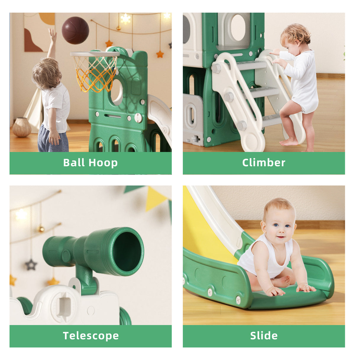 Pre-sale, XJD 5-in-1 Toddler Slide Set in Yellow Green Freestanding Climber Playset for Ages 1-3, Outdoor/Indoor Playset with Basketball Hoop and Ball