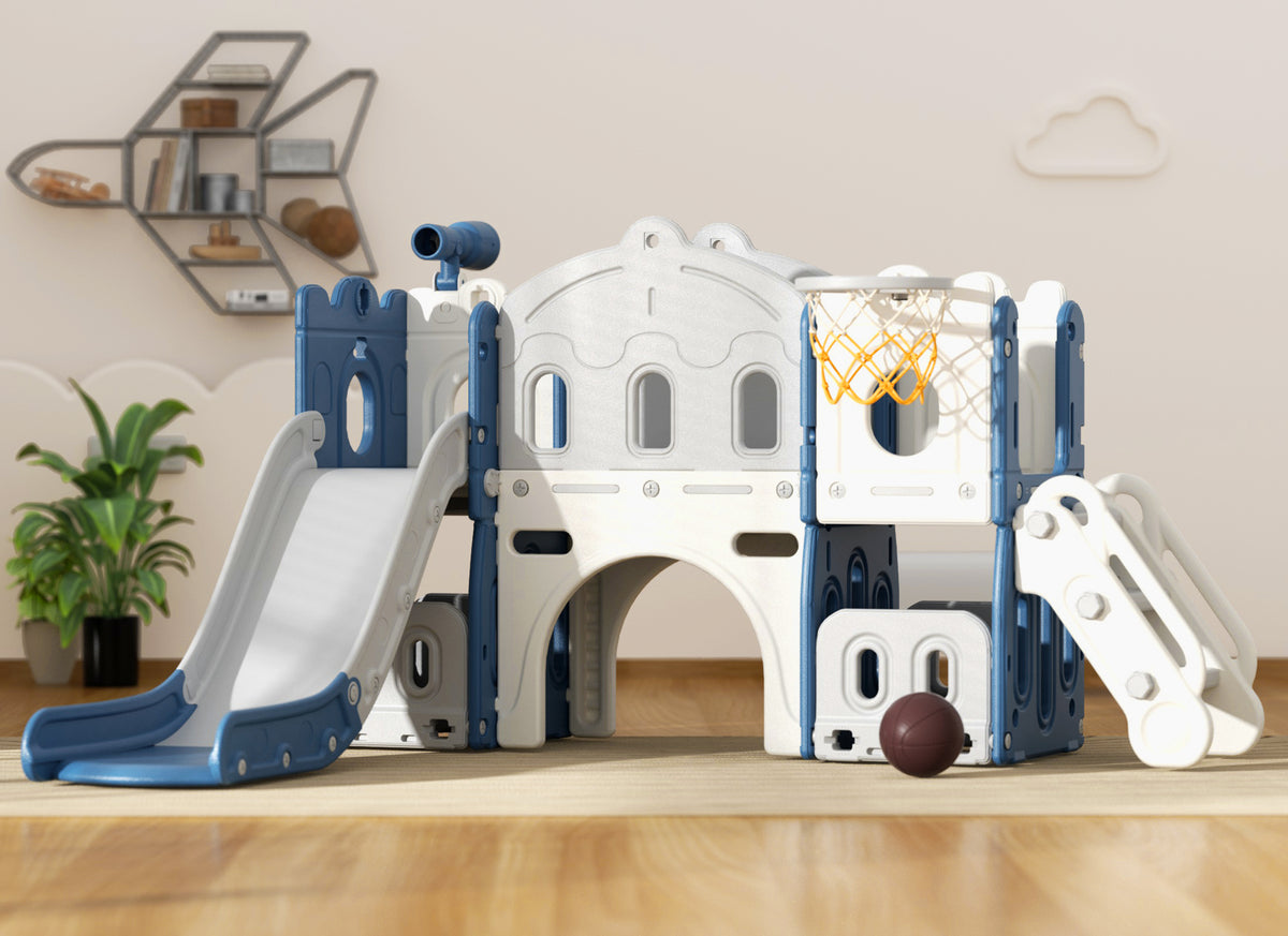 XJD 7-in-1 Kids Slide Climber with Basketball Hoop, Tunnel, Telescope, and Storage Indoor/Outdoor Toddler Play Set