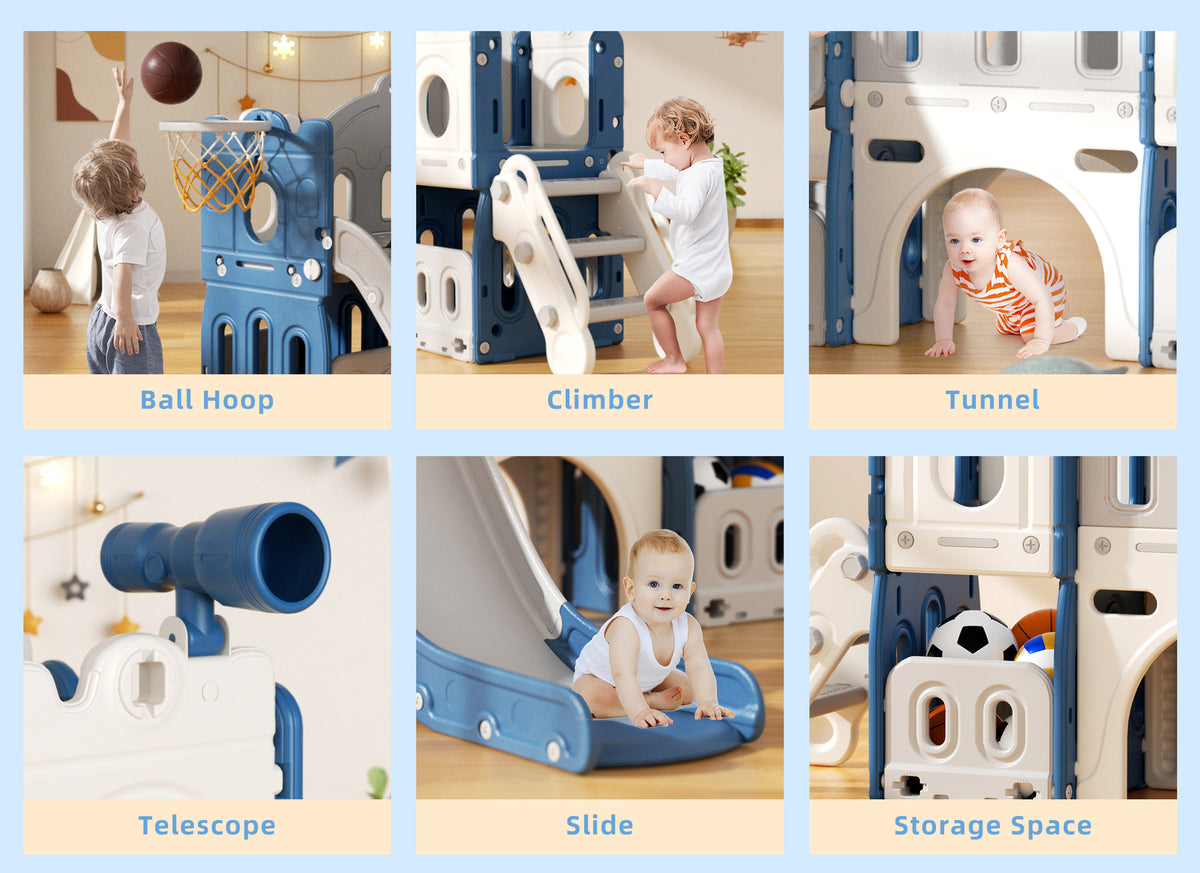 XJD 7-in-1 Kids Slide Climber with Basketball Hoop, Tunnel, Telescope, and Storage Indoor/Outdoor Toddler Play Set, Blue