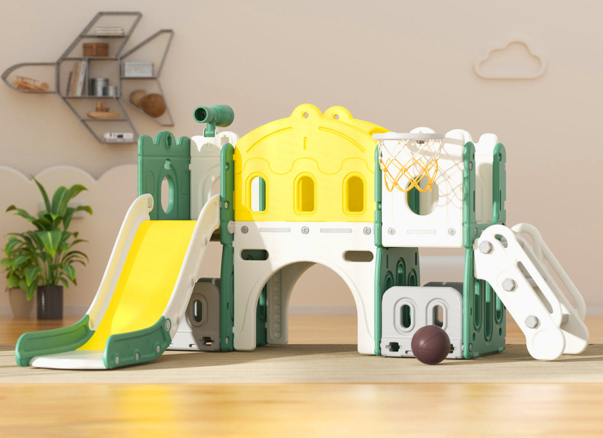 XJD 7-in-1 Kids Slide Climber with Basketball Hoop, Tunnel, Telescope, and Storage Indoor/Outdoor Toddler Play Set, Green