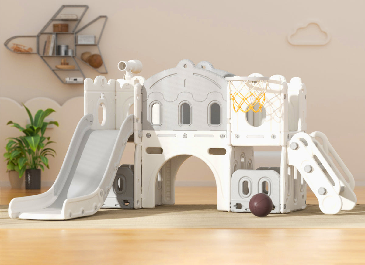 XJD 7-in-1 Kids Slide Climber with Basketball Hoop, Tunnel, Telescope, and Storage Indoor/Outdoor Toddler Play Set, White/Grey