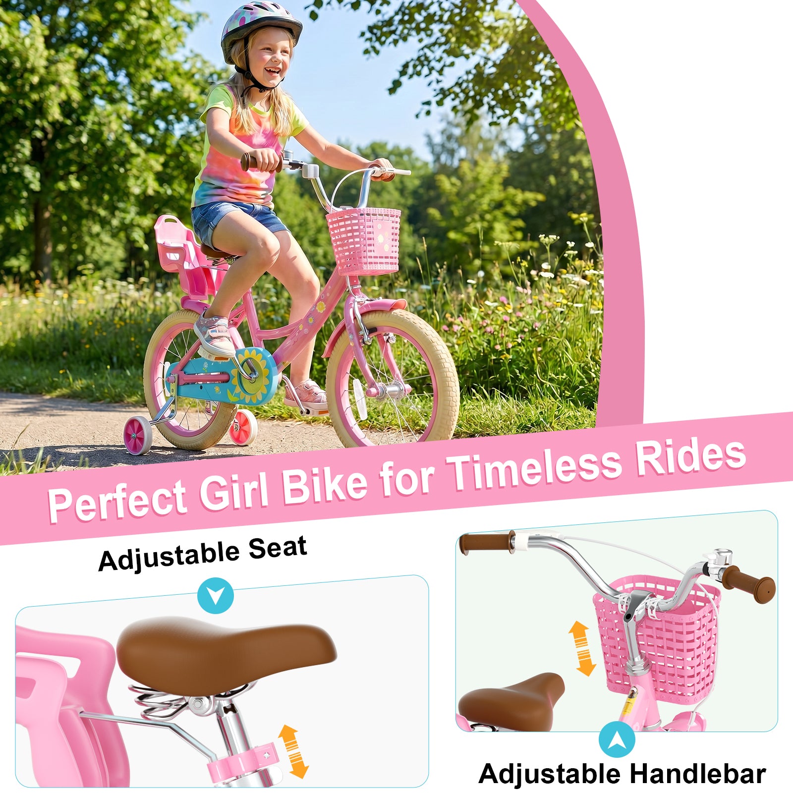KORIMEFA Girls Bike for Toddlers 3-9 Years Old Kids, 12 14 16 Inch Kids Bike with Training Wheels, Basket and Doll Seat