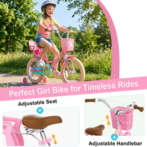 KORIMEFA Girls Bike for Toddlers 3-9 Years Old Kids, 12 14 16 Inch Kids Bike with Training Wheels, Basket and Doll Seat