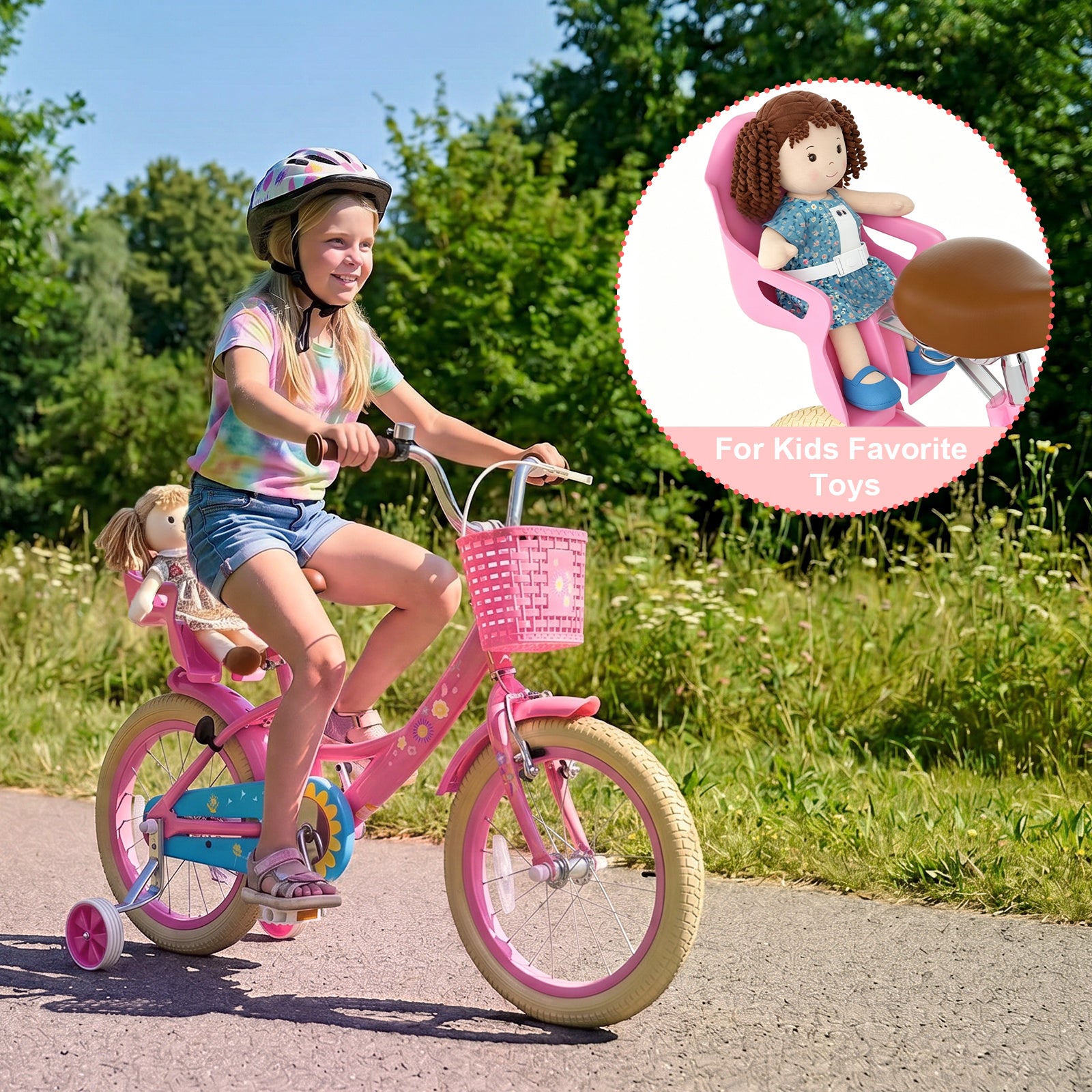 KORIMEFA Girls Bike for Toddlers 3-9 Years Old Kids, 12 14 16 Inch Kids Bike with Training Wheels, Basket and Doll Seat