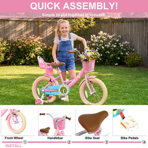 KORIMEFA Girls Bike for Toddlers 3-9 Years Old Kids, 12 14 16 Inch Kids Bike with Training Wheels, Basket and Doll Seat