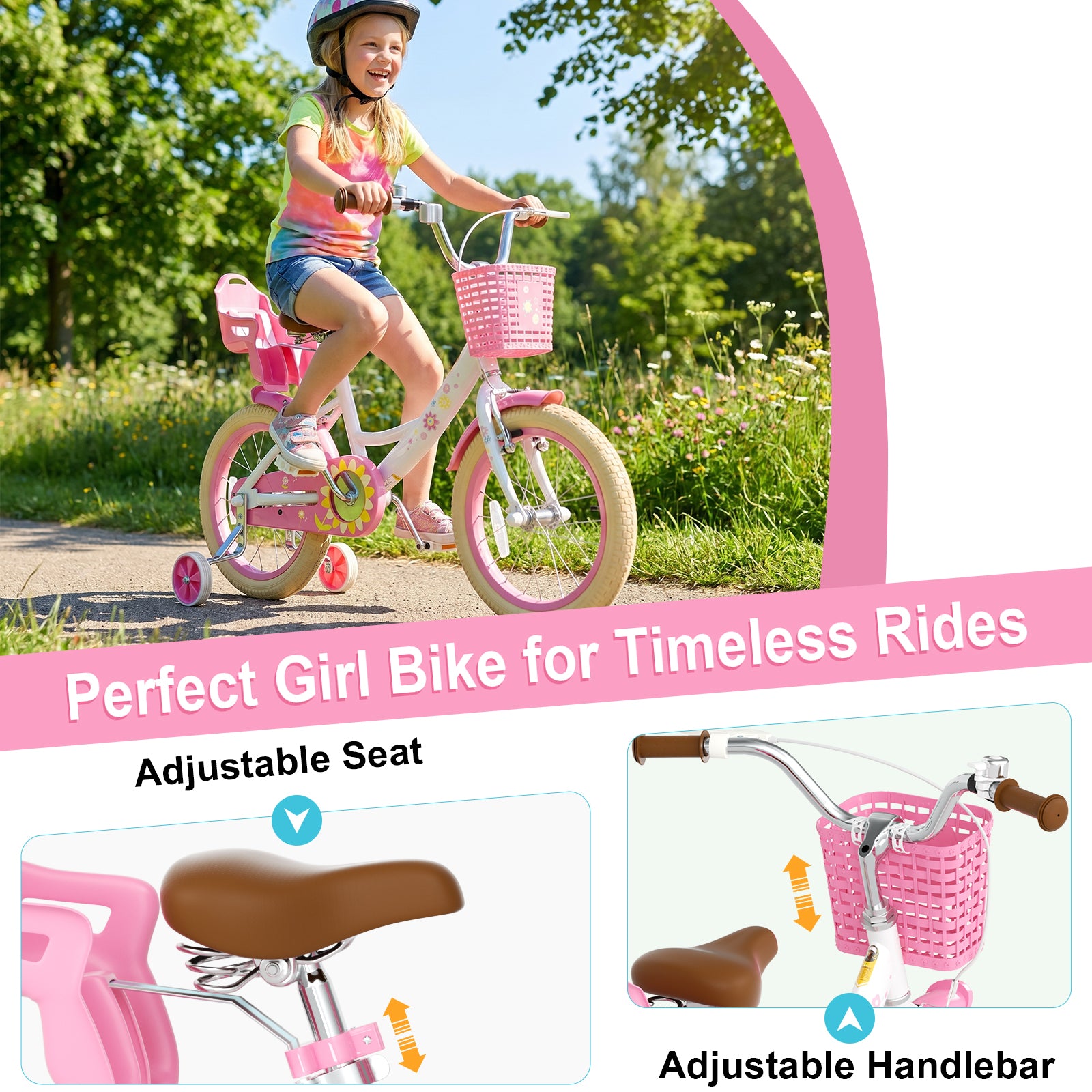 KORIMEFA Girls Bike for Toddlers 3-9 Years Old Kids, 12 14 16 Inch Kids Bike with Training Wheels, Basket and Doll Seat