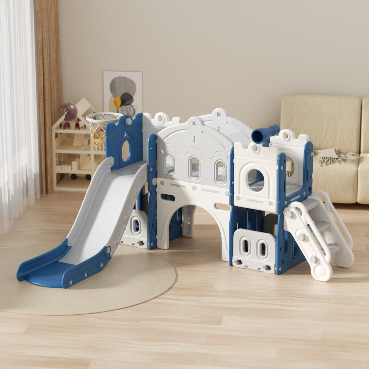 Pre-sale, XJD 7-in-1 Kids Slide Climber with Basketball Hoop, Tunnel, Telescope, and Storage Indoor/Outdoor Toddler Play Set