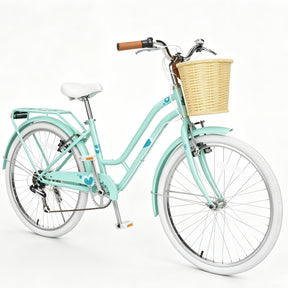 Korimefa 20 Inch Girls Bike, 6-Speed Beach Cruiser Bike for Girls Youth and Over 6 Years Old, Kids Bicycles with Dual V-Brakes Rear Rack & Wicker Basket