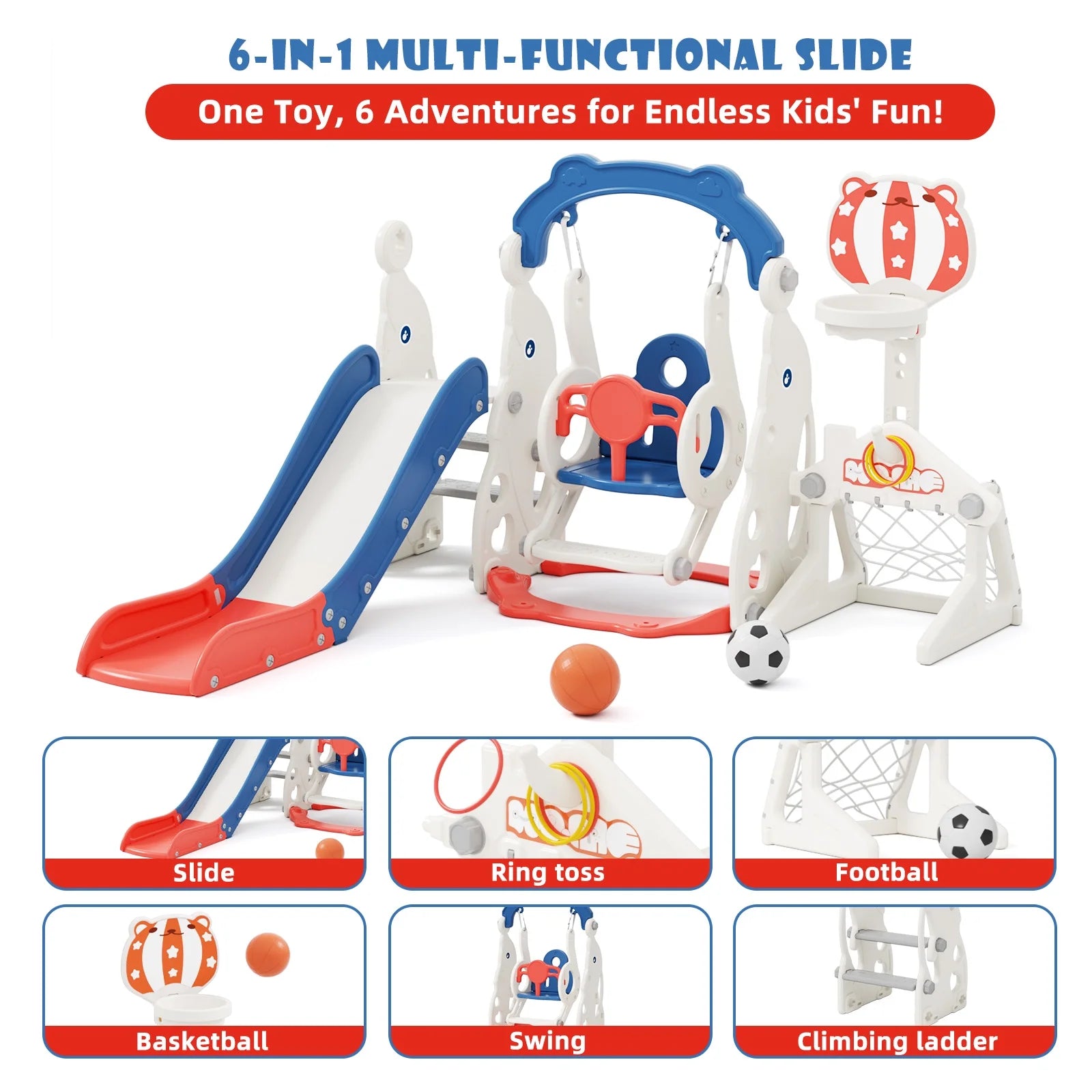 KORIMEFA Toddler Slide, 6 in 1 Toddler Playset - Upgrade with Kids Slide, Swing, Soccer and Ring Toss for Age 1-3, Indoor and Outdoor Playground