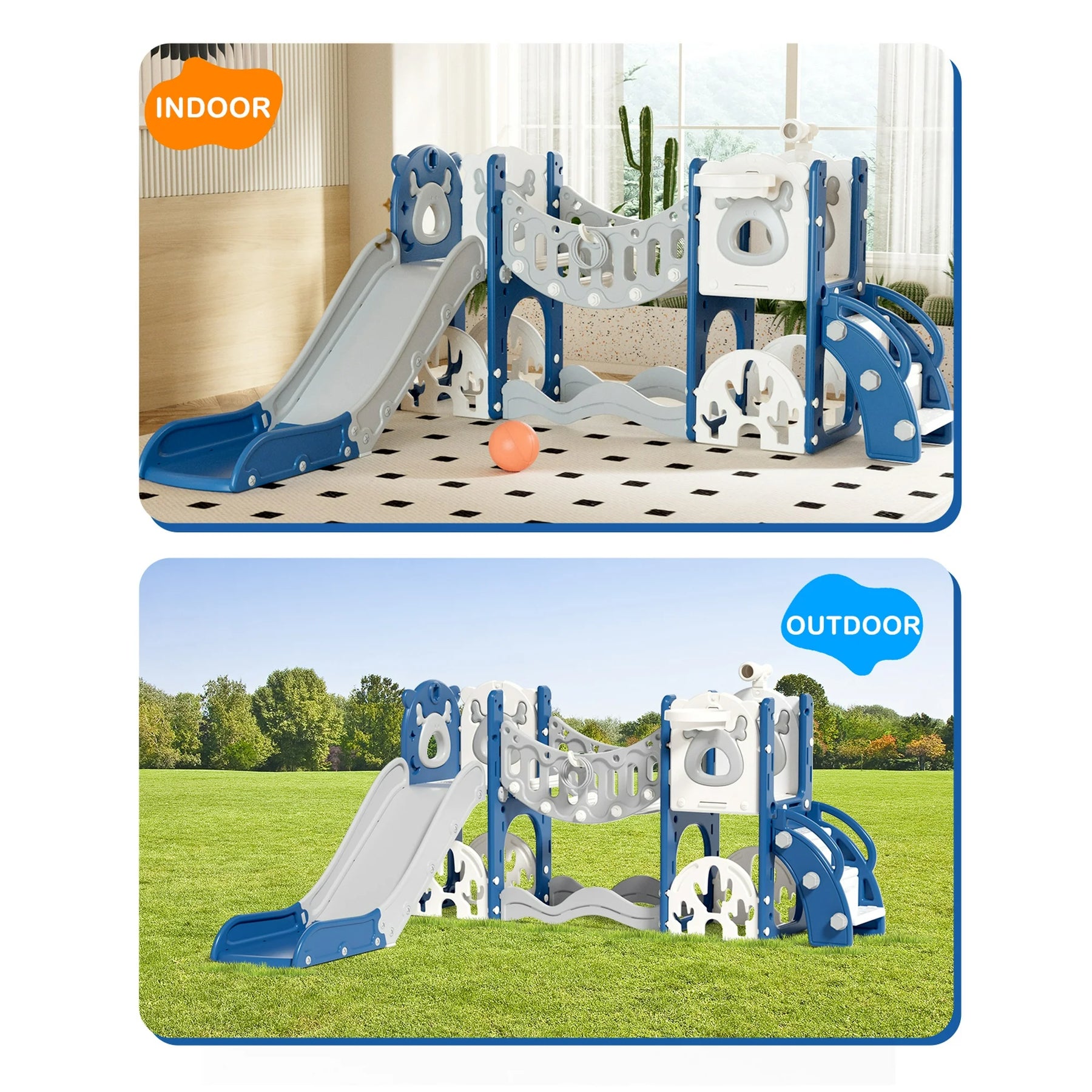 KORIMEFA 8 in 1 Toddler Slide, Kid Slide for Toddlers Age 1-3 with Ring Toss, Basketball Hoop, and Telescope, Indoor Outdoor Slide Toddler Playset Toddler Playground