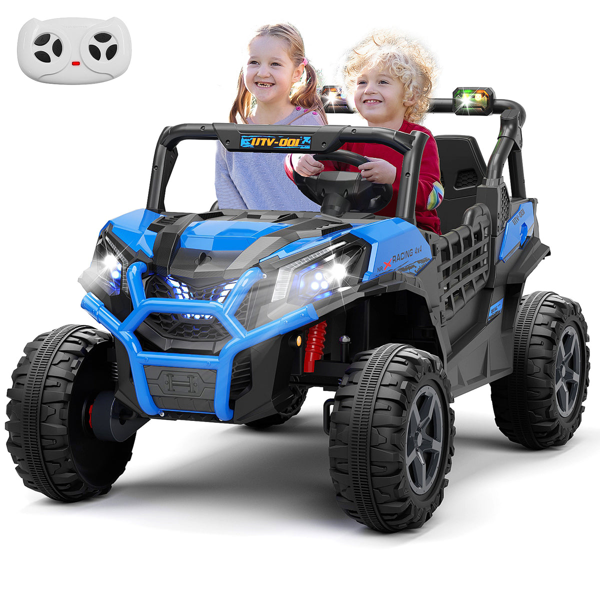 XJD 12V/24V 7AH Kids Ride On Truck Car w/Parent Remote Control, Spring Suspension, LED Lights, AUX Port - Blue