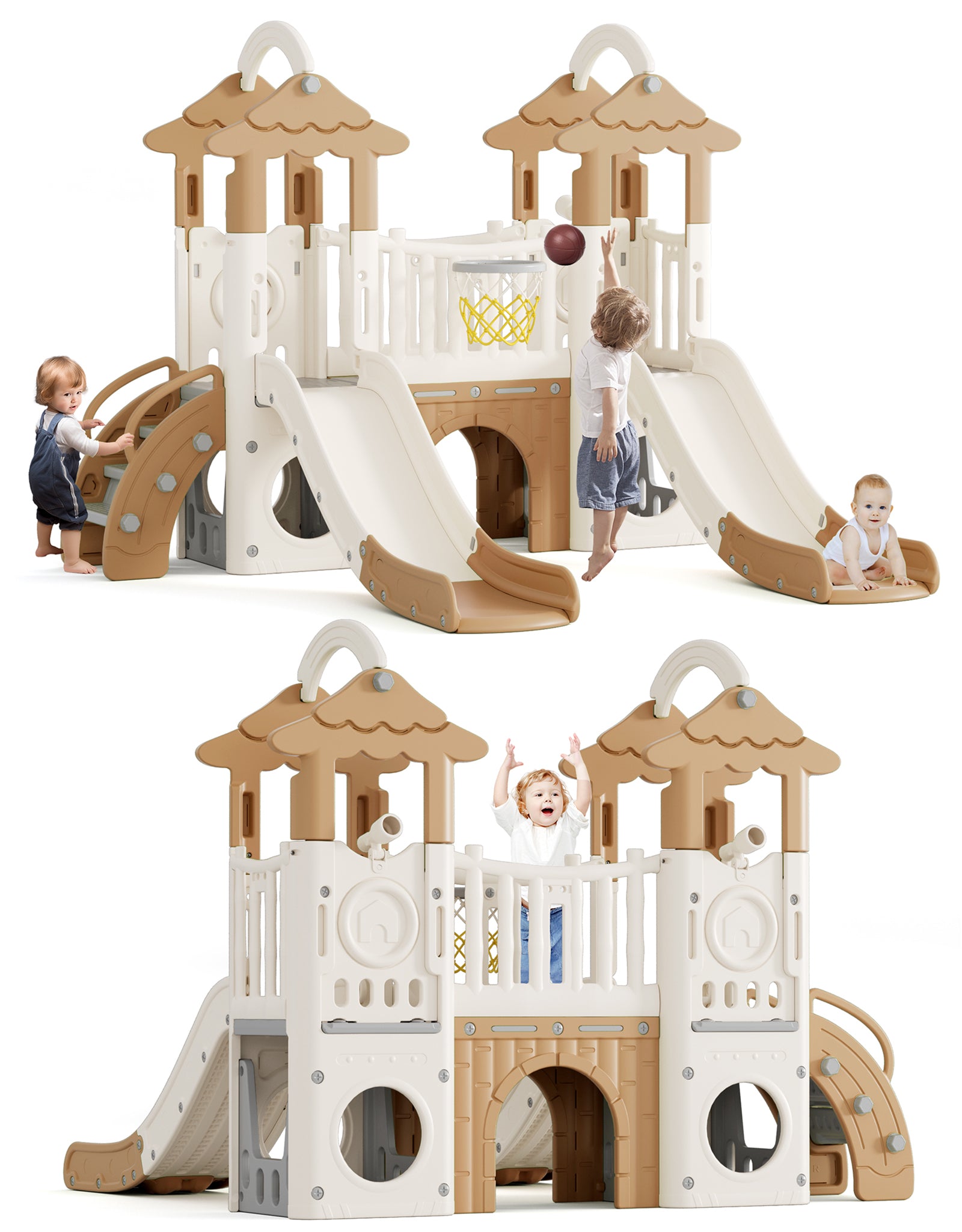 Pre-sale, 9 in 1 Toddler Slide Set Freestanding Climber Playset with Double Slides, Rainbow top, Grassroof, and Basketball Hoop and Ball, Coffee