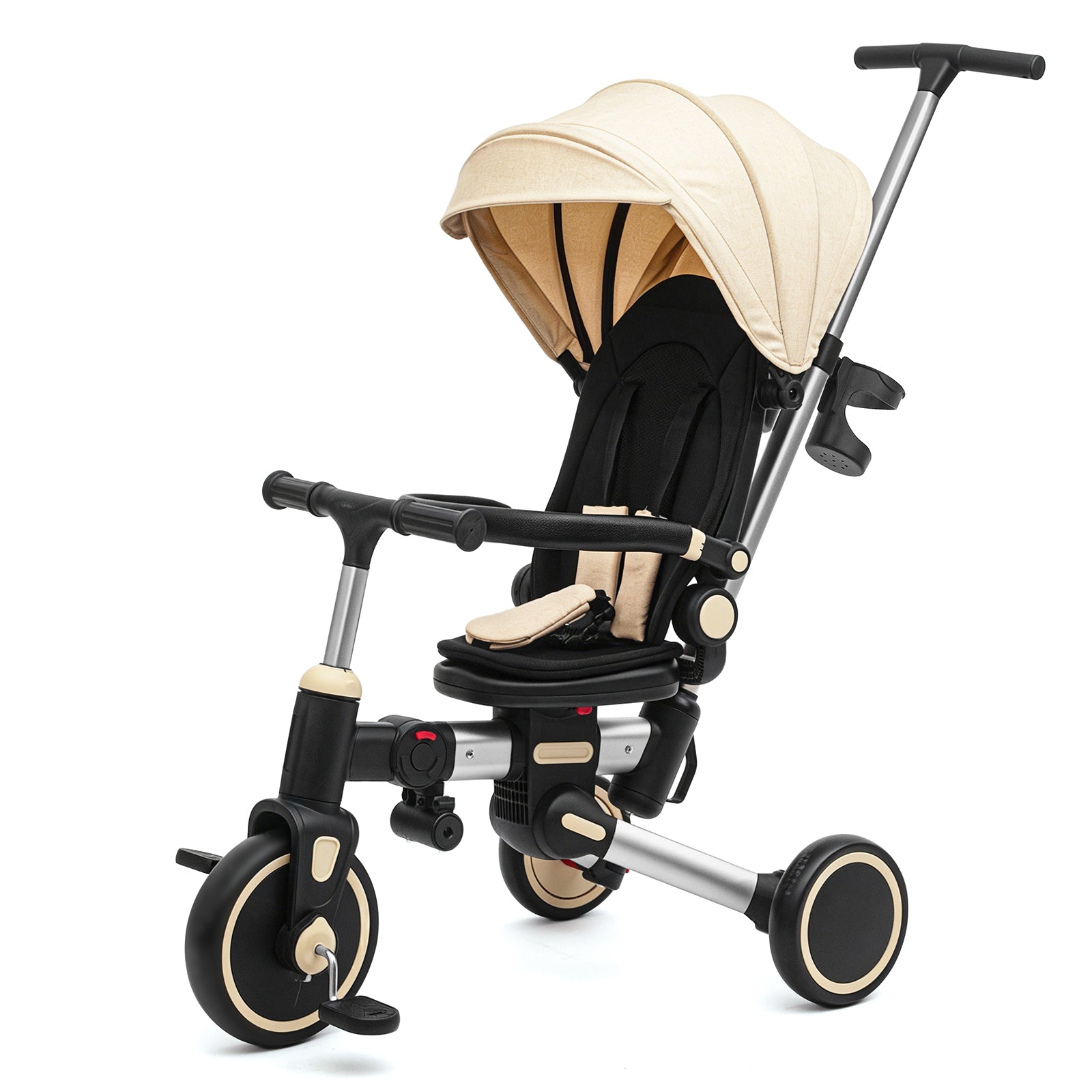 KORIMEFA 9-in-1 Toddler Tricycle, Foldable Kids Trike for Boys & Girls 6 Months-3 Years, with Adjustable Sun Canopy, Parent Push Handle, Removable Backrest, 360° Rotatable Seat & Cup Holder