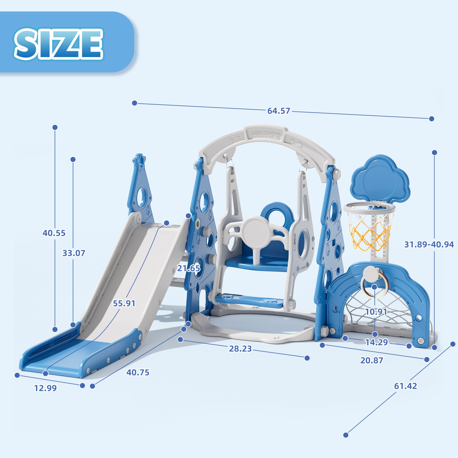 KORIMEFA 6-in-1 Kids Slide and Swing Set,  Includes Slide, Swing, Basketball Hoop, and Climber, Indoor and Outdoor Playground for Todder Age 1-5