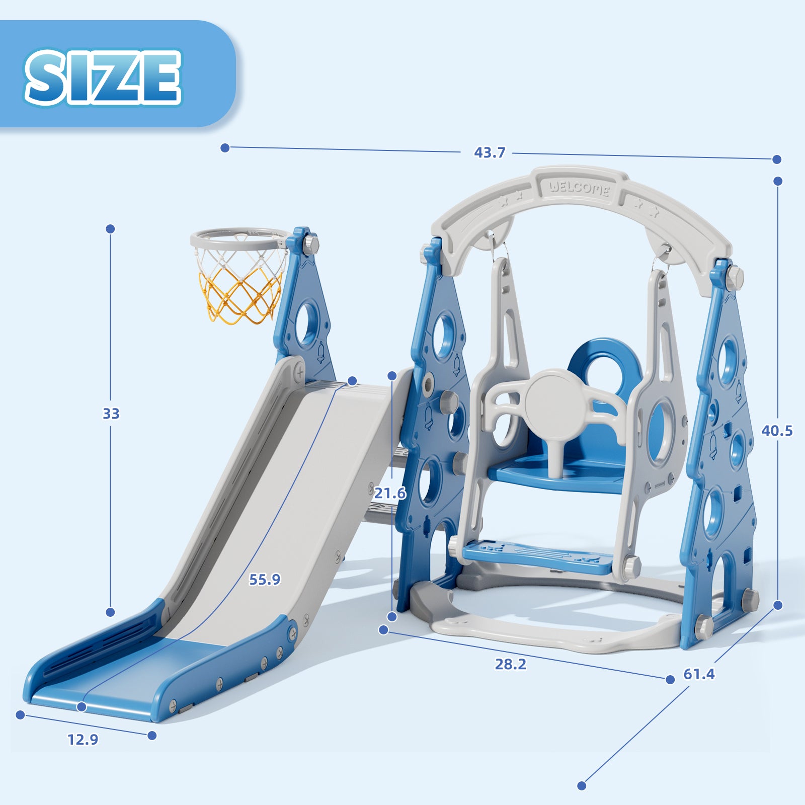 KORIMEFA 4-in-1 Kids Slide and Swing Set, Includes Slide, Swing, Basketball Hoop, and Climber