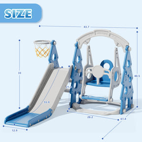 KORIMEFA 4-in-1 Kids Slide and Swing Set, Includes Slide, Swing, Basketball Hoop, and Climber