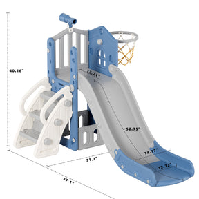 XJD 5 in 1 Toddler Slide Set  Climber Slide for Age 1-3, Outdoor Indoor Playset, Slide with Basketball Hoop, Telescope, and Storage Space, Blue/Grey