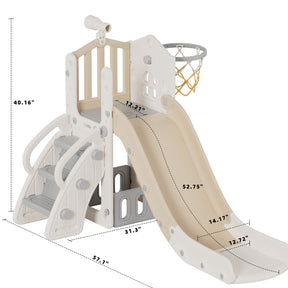 XJD 5 in 1 Toddler Slide Set  Climber Slide for Age 1-3, Outdoor Indoor Playset with Basketball Hoop, Telescope, and Storage Space, Beige/Coffee