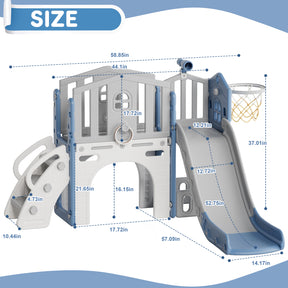 Pre-sale, XJD 8 in 1 Toddler Slide Set  Climber Slide for Age 1-3, Outdoor Indoor Playset with Basketball Hoop, Telescope, and Storage Space, Blue/Grey