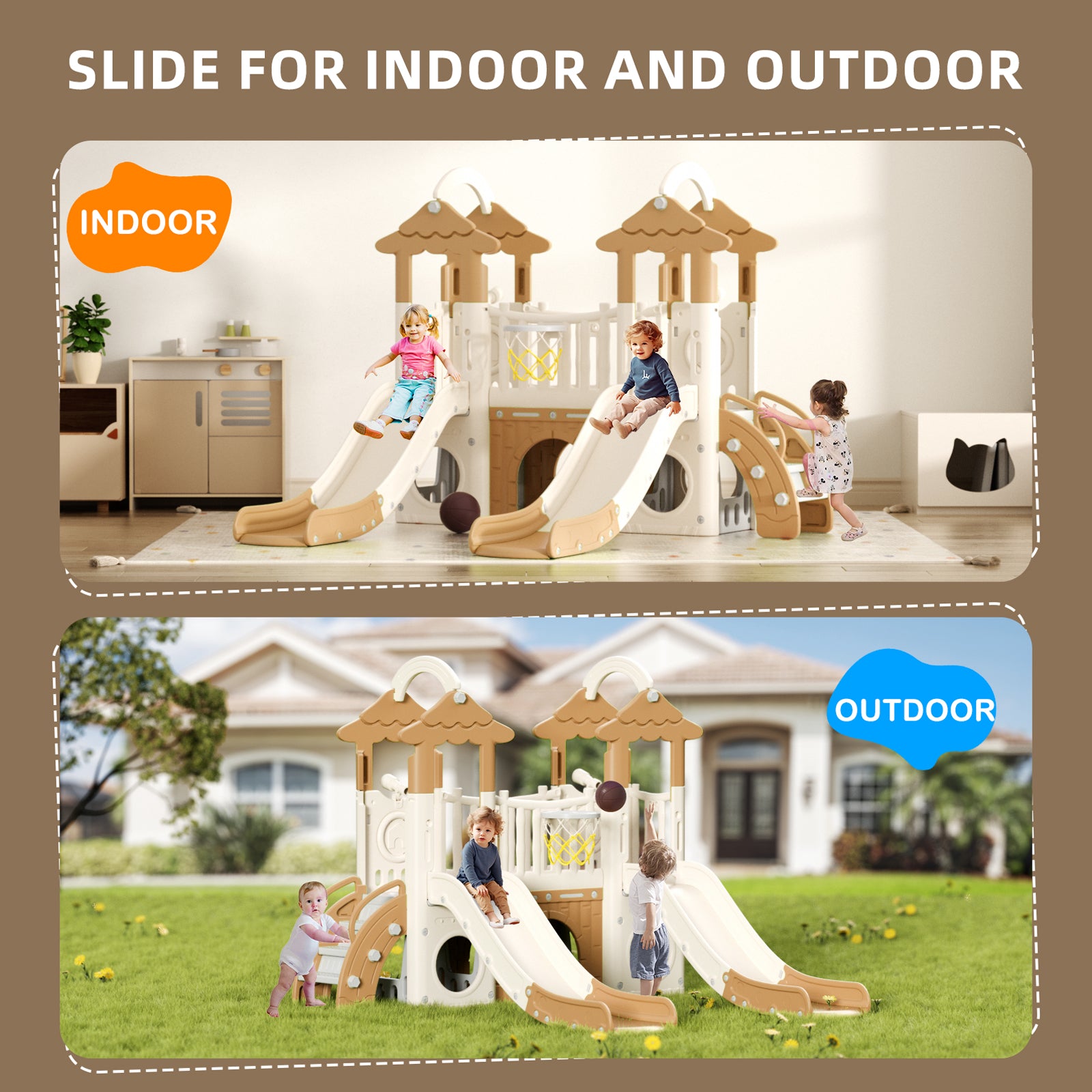 Pre-sale, 9 in 1 Toddler Slide Set Freestanding Climber Playset with Double Slides, Rainbow top, Grassroof, and Basketball Hoop and Ball, Coffee