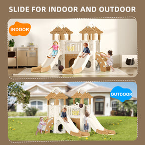 Pre-sale, 9 in 1 Toddler Slide Set Freestanding Climber Playset with Double Slides, Rainbow top, Grassroof, and Basketball Hoop and Ball, Coffee