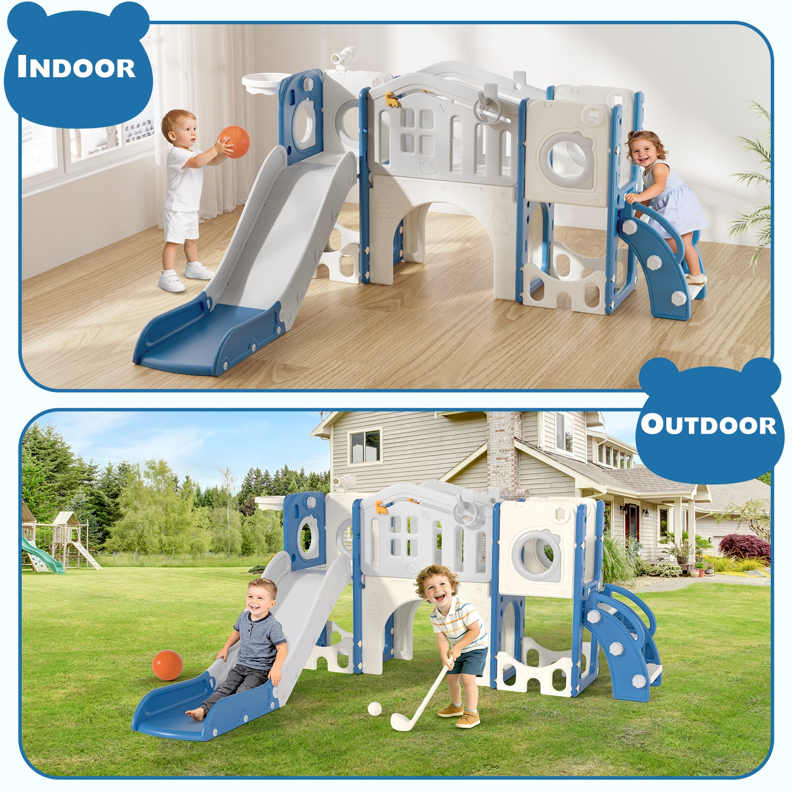 KORIMEFA 11- in-1 Kids Toddler Slide Set, Toddler Climber Slide for Age 1-3 , Indoor Outdoor Slide with Basketball Hoop Ring Toss Golf