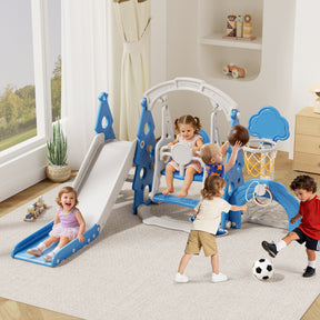 KORIMEFA 6-in-1 Kids Slide and Swing Set,  Includes Slide, Swing, Basketball Hoop, and Climber, Indoor and Outdoor Playground for Todder Age 1-5