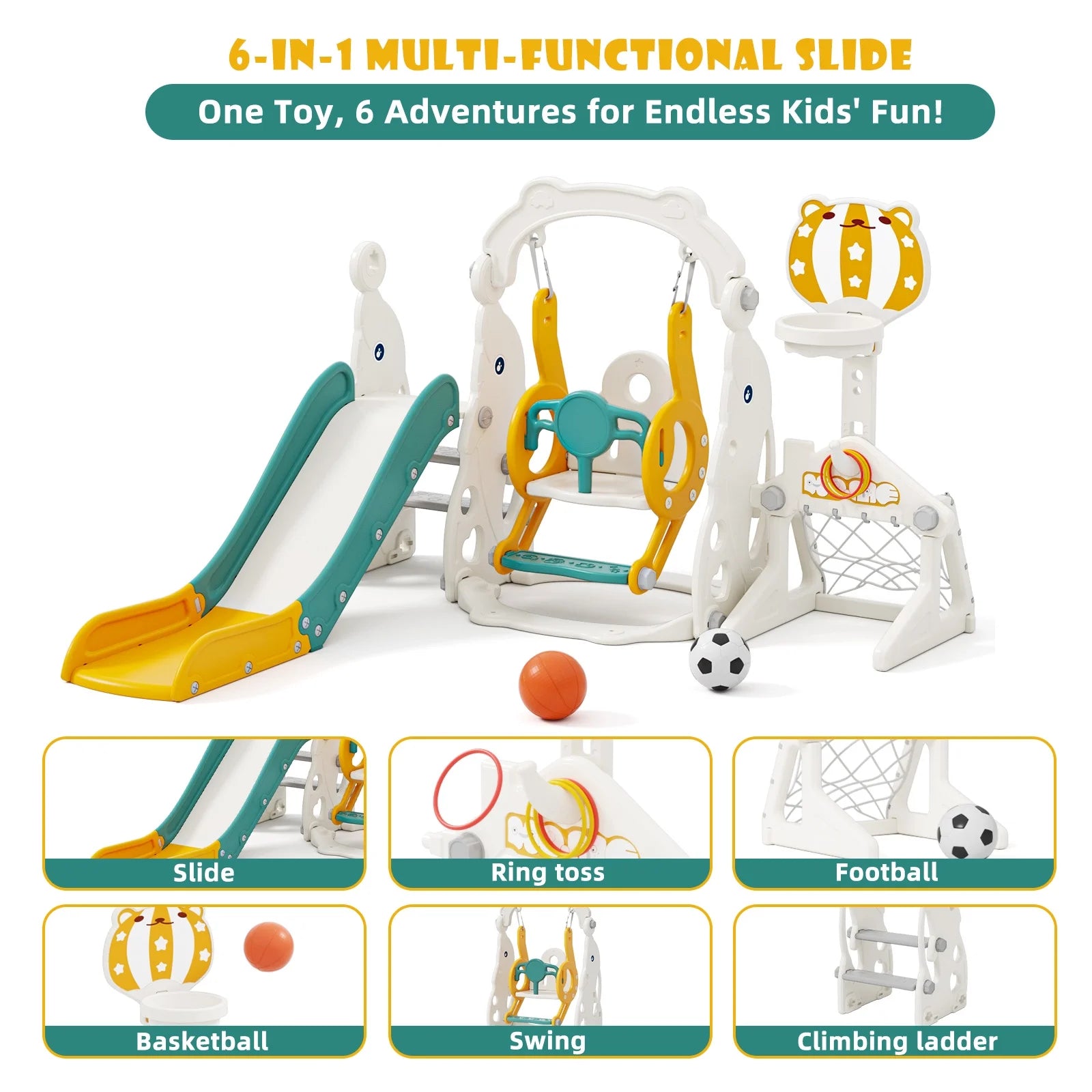 KORIMEFA Toddler Slide, 6 in 1 Toddler Playset - Upgrade with Kids Slide, Swing, Soccer and Ring Toss for Age 1-3, Indoor and Outdoor Playground
