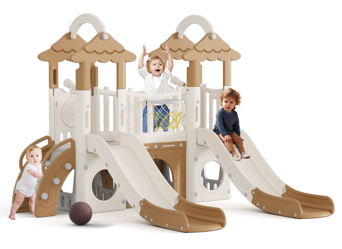 Pre-sale, 9 in 1 Toddler Slide Set Freestanding Climber Playset with Double Slides, Rainbow top, Grassroof, and Basketball Hoop and Ball, Coffee