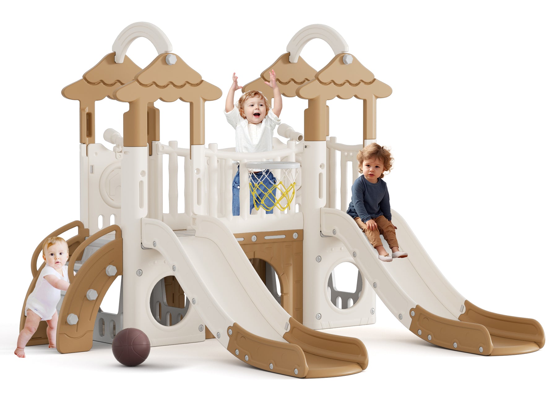 Pre-sale, 9 in 1 Toddler Slide Set Freestanding Climber Playset with Double Slides, Rainbow top, Grassroof, and Basketball Hoop and Ball, Coffee