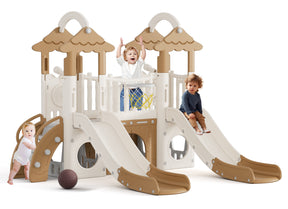 Pre-sale, 9 in 1 Toddler Slide Set Freestanding Climber Playset with Double Slides, Rainbow top, Grassroof, and Basketball Hoop and Ball, Coffee