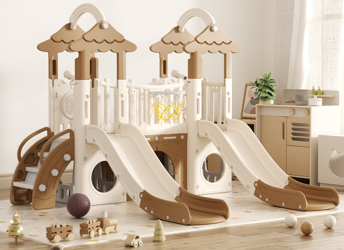 Pre-sale, 9 in 1 Toddler Slide Set Freestanding Climber Playset with Double Slides, Rainbow top, Grassroof, and Basketball Hoop and Ball, Coffee
