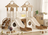 Pre-sale, 9 in 1 Toddler Slide Set Freestanding Climber Playset with Double Slides, Rainbow top, Grassroof, and Basketball Hoop and Ball, Coffee