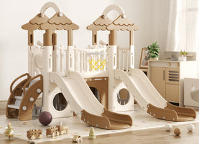 Pre-sale, 9 in 1 Toddler Slide Set Freestanding Climber Playset with Double Slides, Rainbow top, Grassroof, and Basketball Hoop and Ball, Coffee
