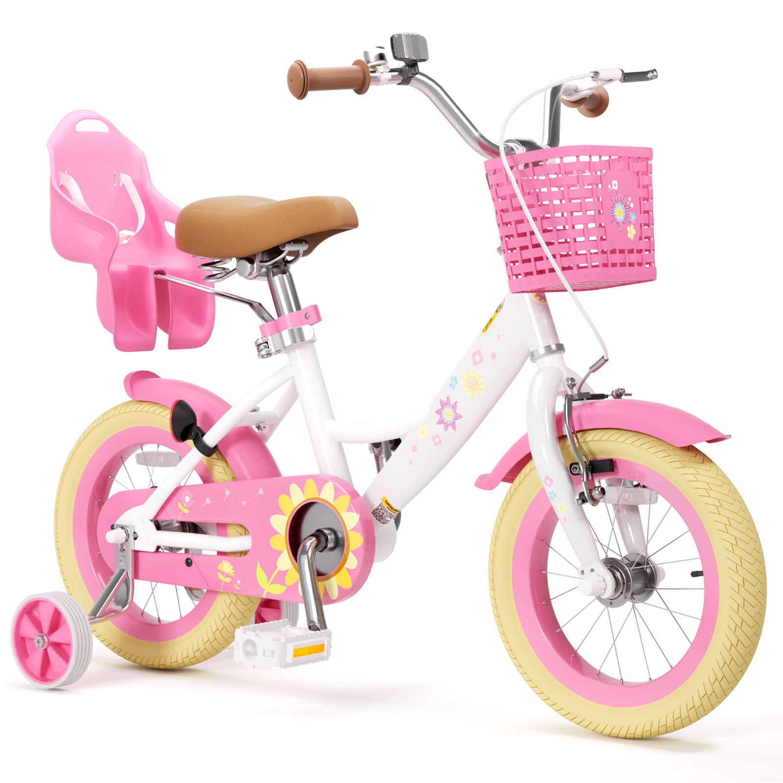 KORIMEFA Girls Bike for Toddlers 3-9 Years Old Kids, 12 14 16 Inch Kids Bike with Training Wheels, Basket and Doll Seat