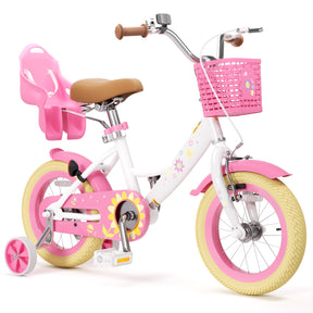KORIMEFA Girls Bike for Toddlers 3-9 Years Old Kids, 12 14 16 Inch Kids Bike with Training Wheels, Basket and Doll Seat