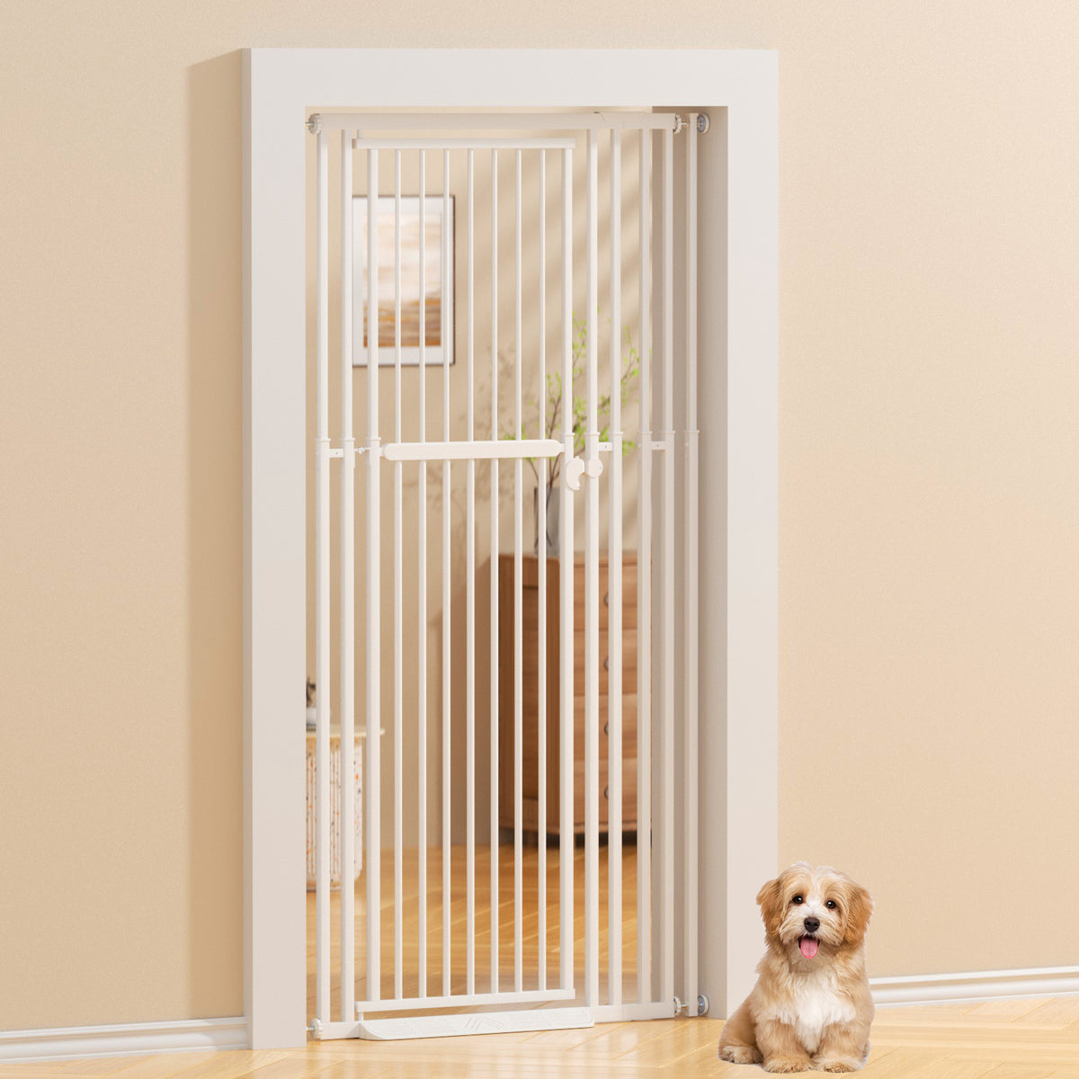 KORIMEFA 47.24"-87" Extra Tall Cat Gate with Wide Adjustable Pet door Pressure Mounted Safety Full Door Gate for Stairs, Hallway, Kitchen, Doorway