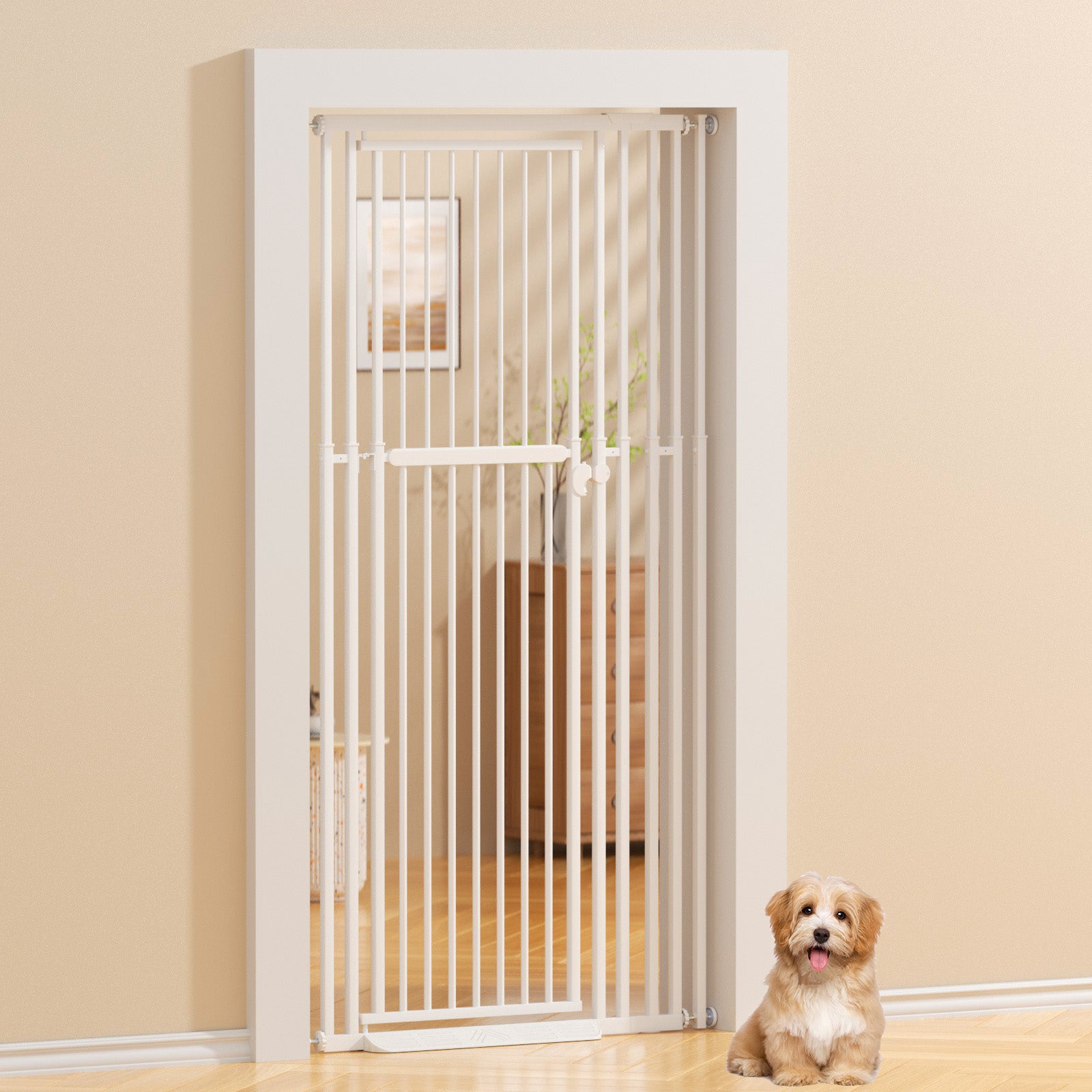 KORIMEFA 47.24"-87" Extra Tall Cat Gate with Wide Adjustable Pet door Pressure Mounted Safety Full Door Gate for Stairs, Hallway, Kitchen, Doorway