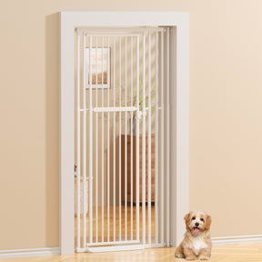 KORIMEFA 47.24"-87" Extra Tall Cat Gate with Wide Adjustable Pet door Pressure Mounted Safety Full Door Gate for Stairs, Hallway, Kitchen, Doorway