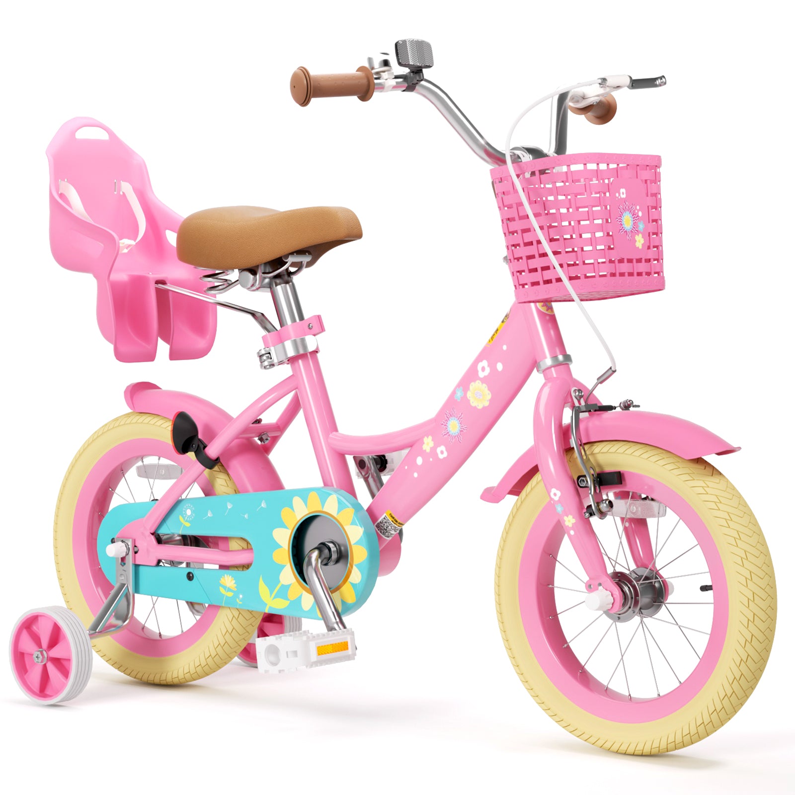 KORIMEFA Girls Bike for Toddlers 3-9 Years Old Kids, 12 14 16 Inch Kids Bike with Training Wheels, Basket and Doll Seat