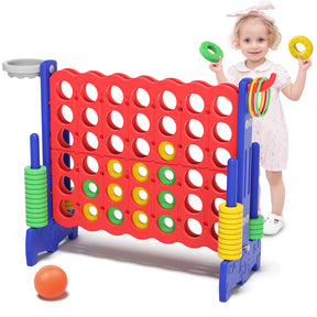 XJD Giant 4-in-A-Row Jumbo Game, 4-to-Score Game Set with Basketball Hoop, Ring Toss, 42 Jumbo Rings, Indoor Outdoor Family Game for Kids & Adults. Red&Blue